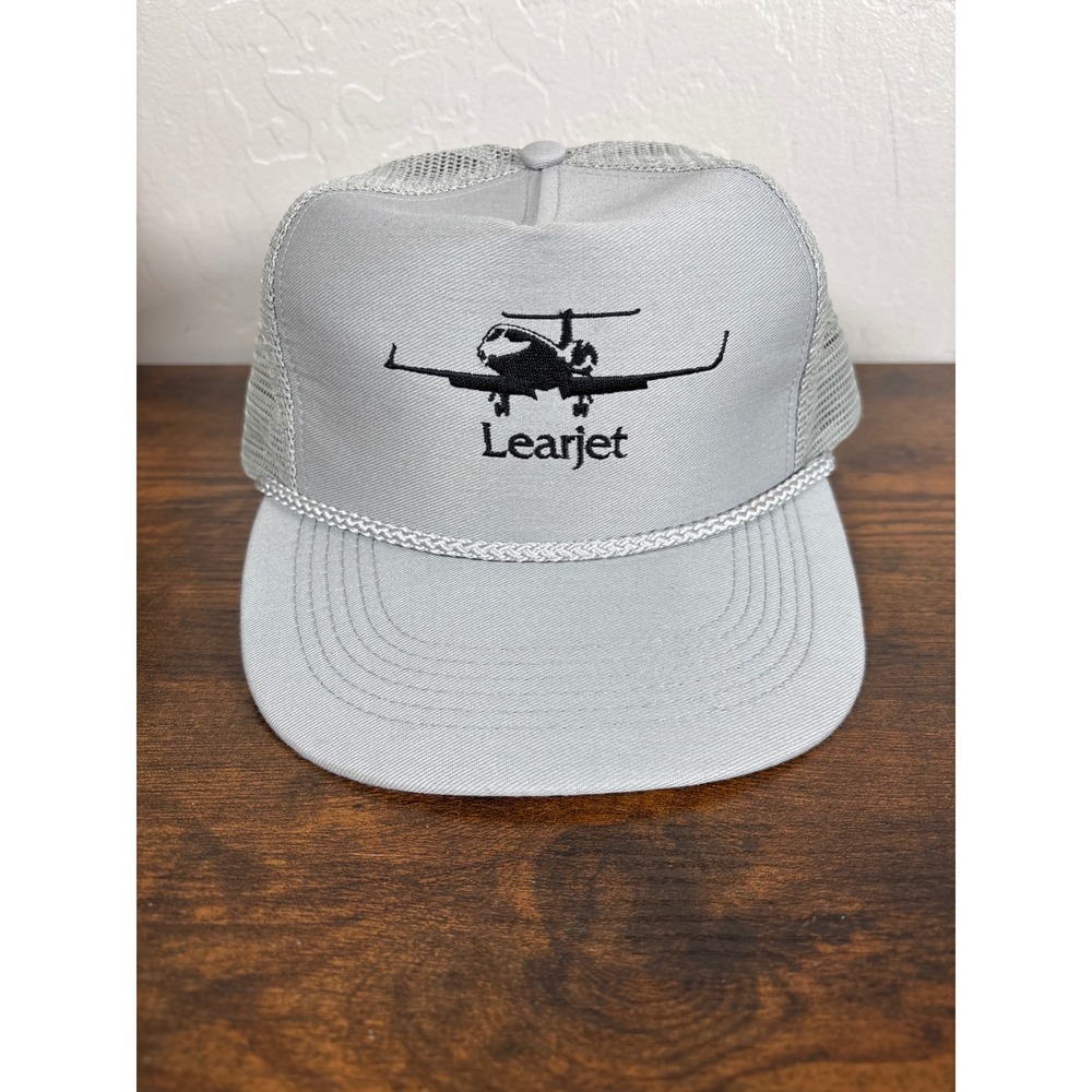 Vintage Learjet Trucker Hat Gray Cherokee Cap Co Made in USA Aviation Rope Cap